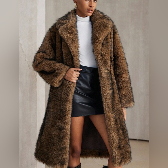 3 LEFT ❤️ Vintage Style Faux Fur Jacket Chocolate Brown Mid Length Winter Jacket - Picture 2 of 8